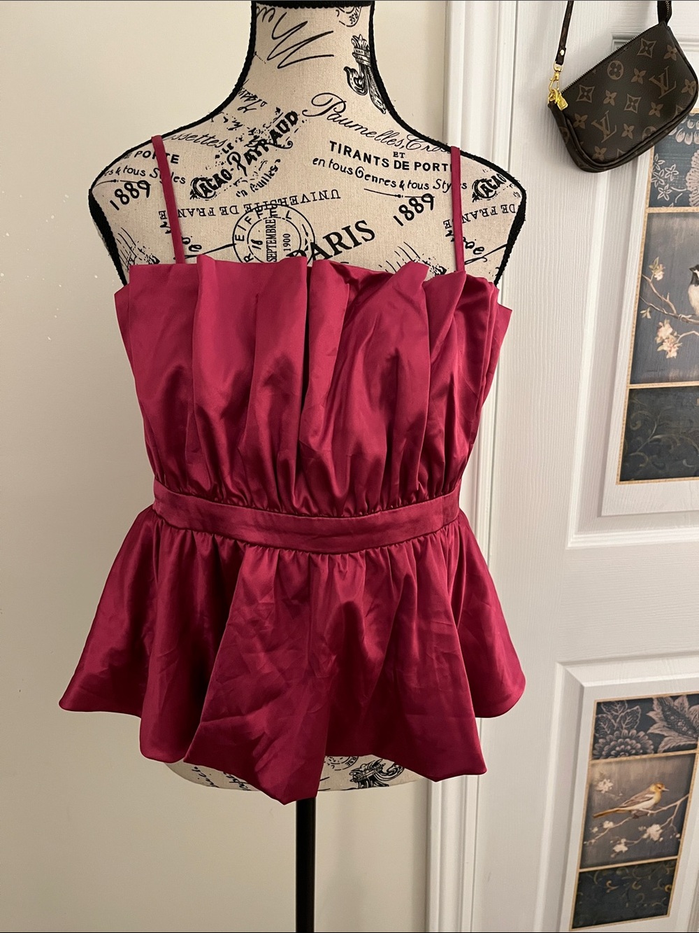 Ruffled Satin Peplum Cami in Burgundy